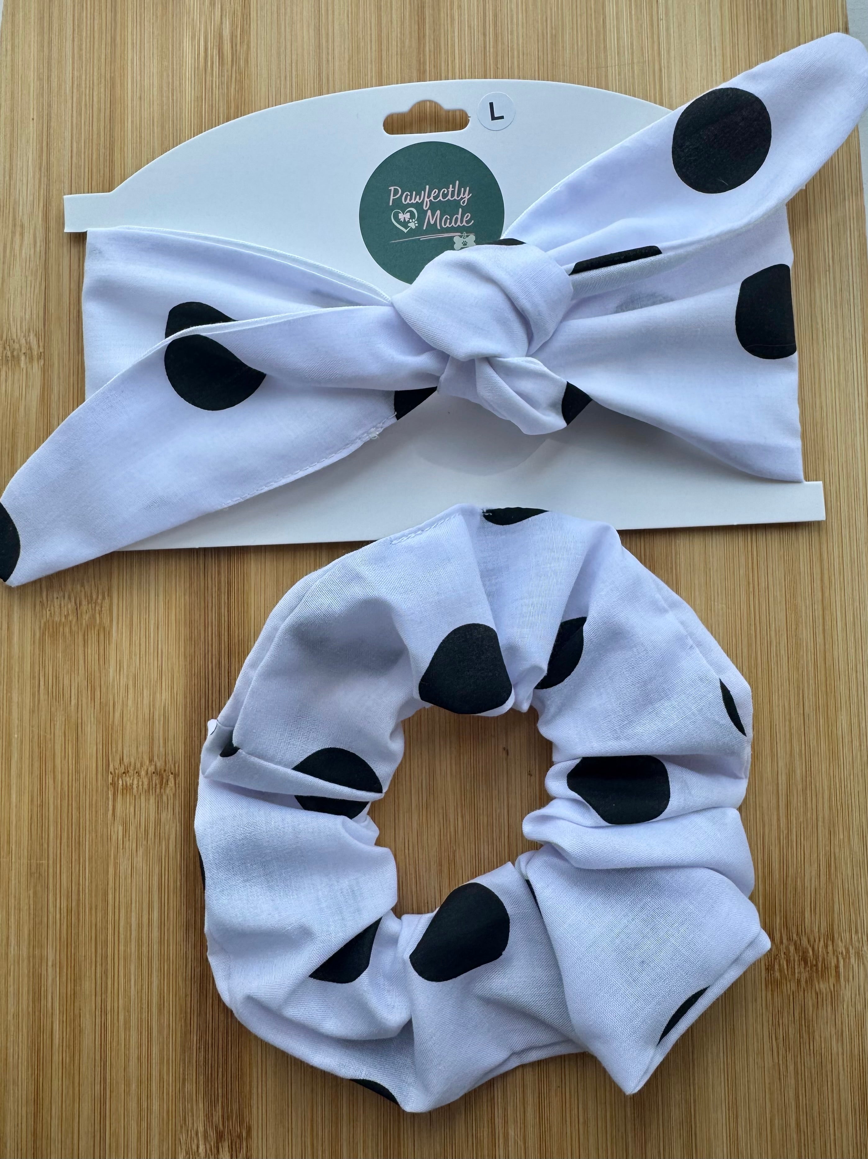 Pet Neck Tie & optional Matching hair Scrunchie - Black & white spot
