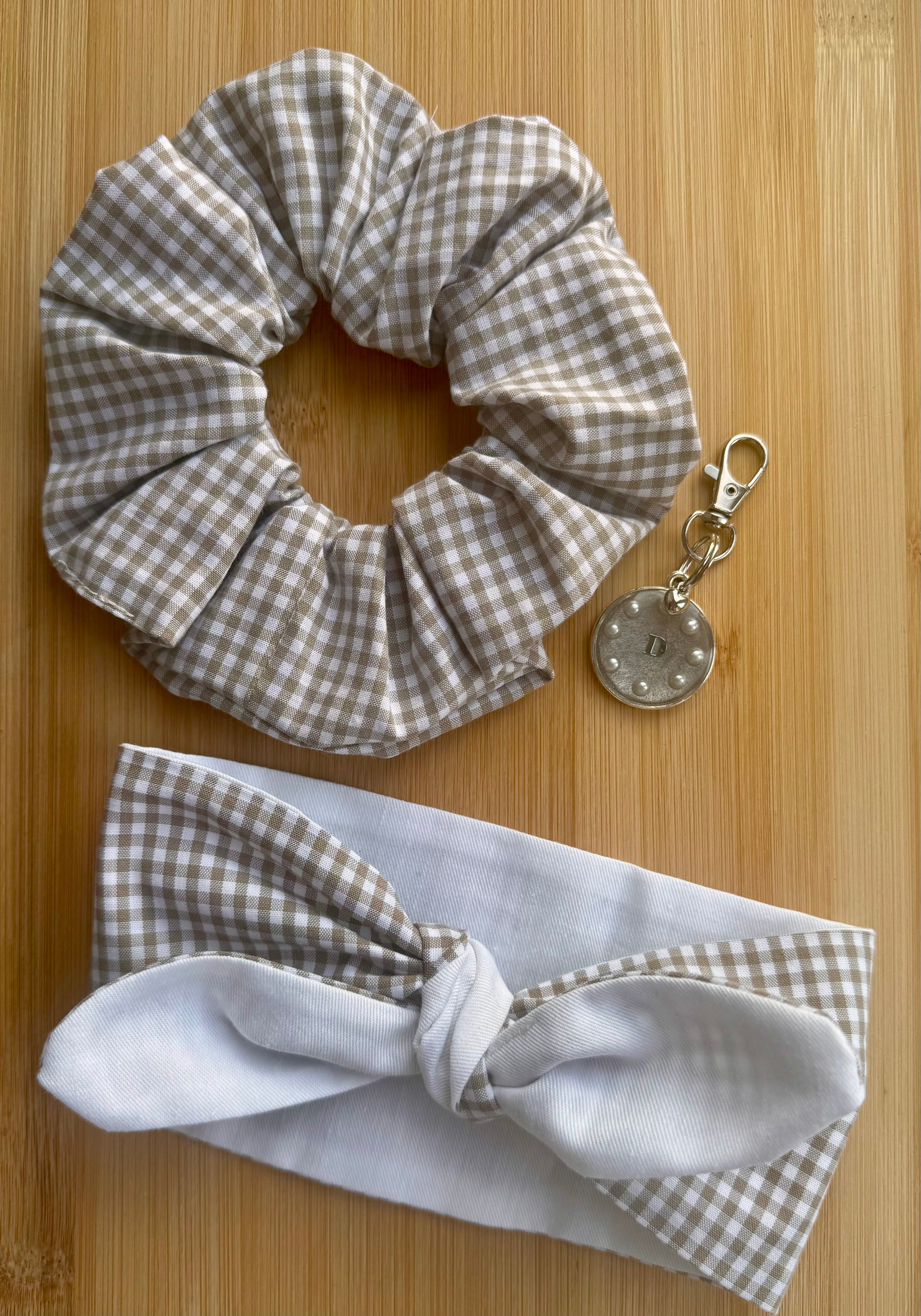 Pet Neck Tie & optional Matching hair Scrunchie and ID tag - Beige Gingham