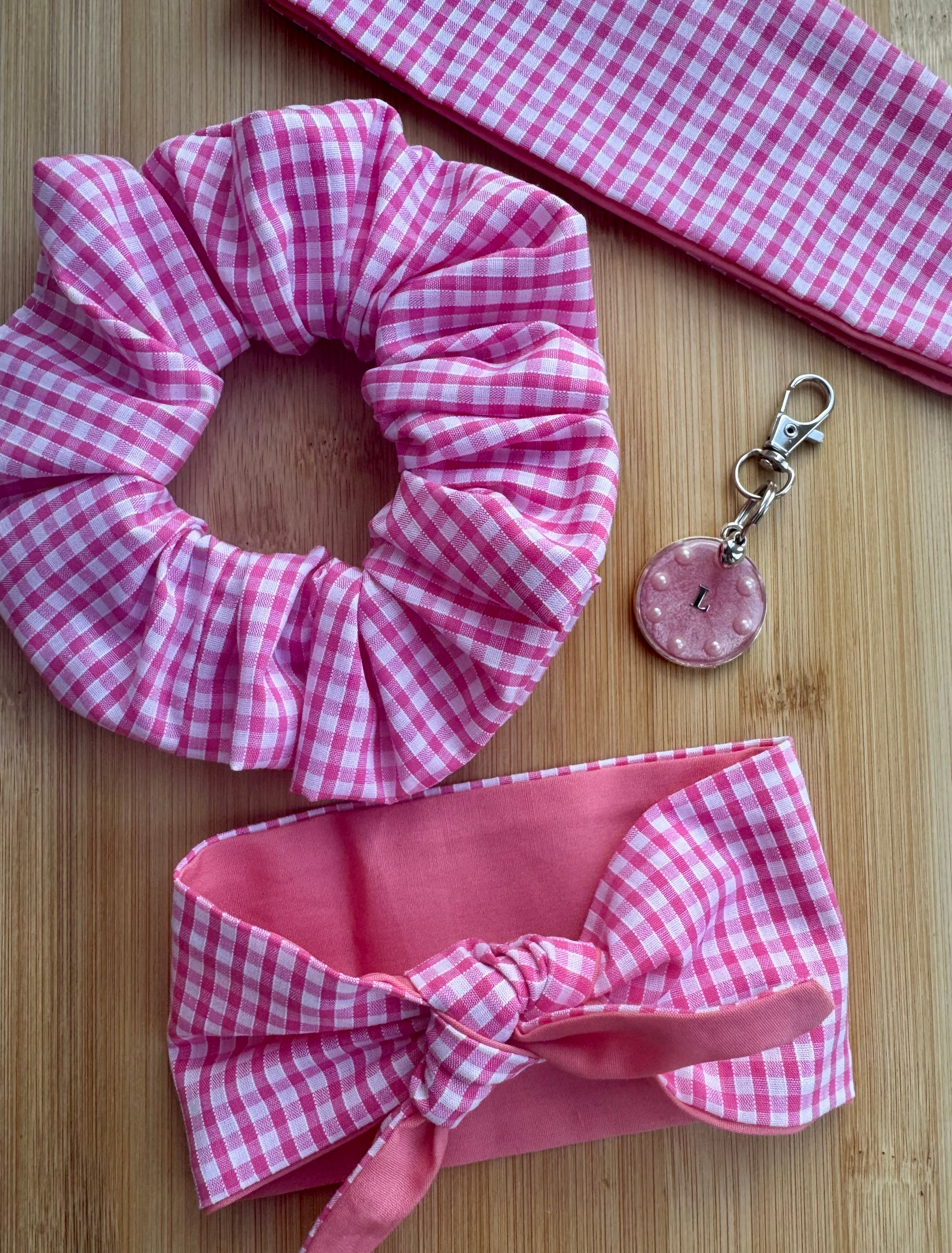 Pet Neck Tie & optional Matching hair Scrunchie and ID tag - Pink Gingham