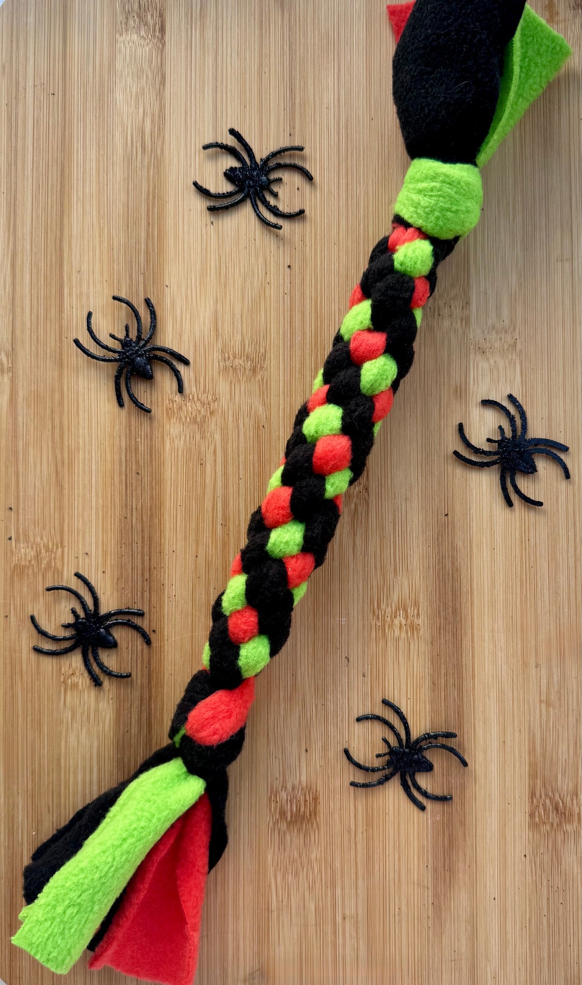 Hand-Tied Halloween coloured Fleece Dog Tug Toy – Durable, Safe & Gentle
