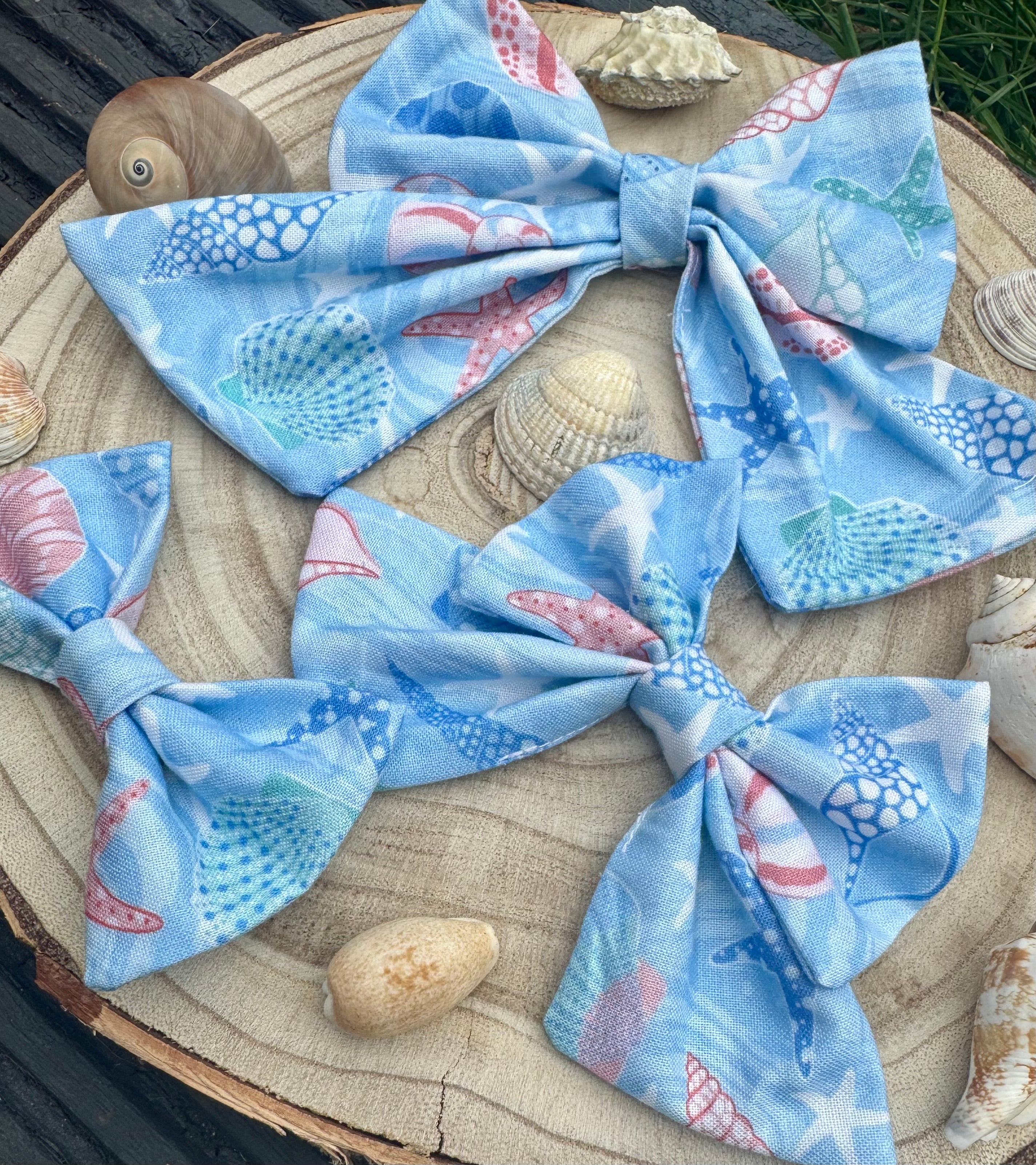 Handmade Dog or Cat Bow - Sailor Bow or Bow tie - Blue & Pink Shells