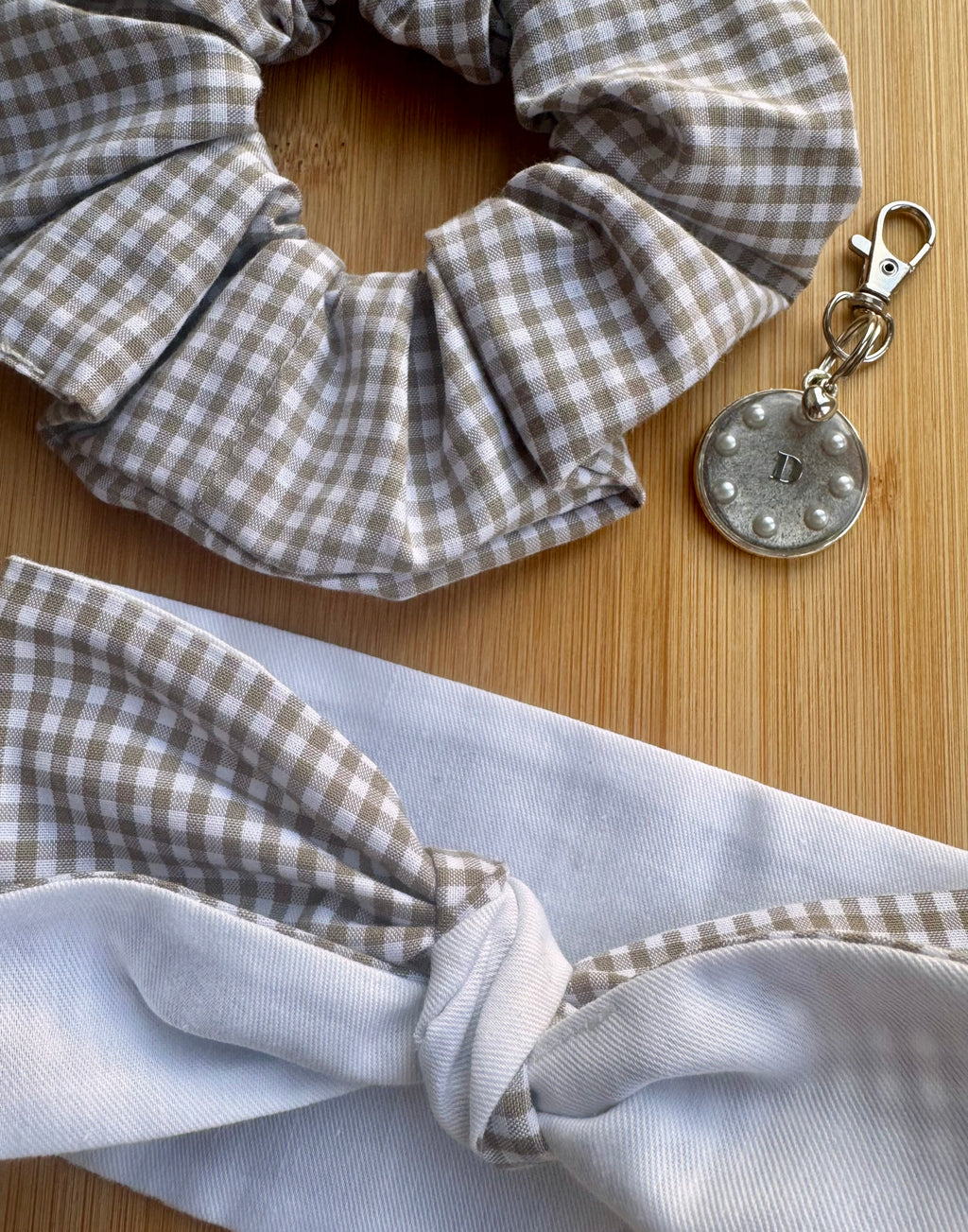 Pet Neck Tie & optional Matching hair Scrunchie and ID tag - Beige Gingham