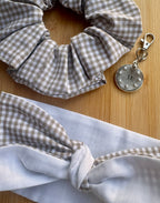 Pet Neck Tie & optional Matching hair Scrunchie and ID tag - Beige Gingham
