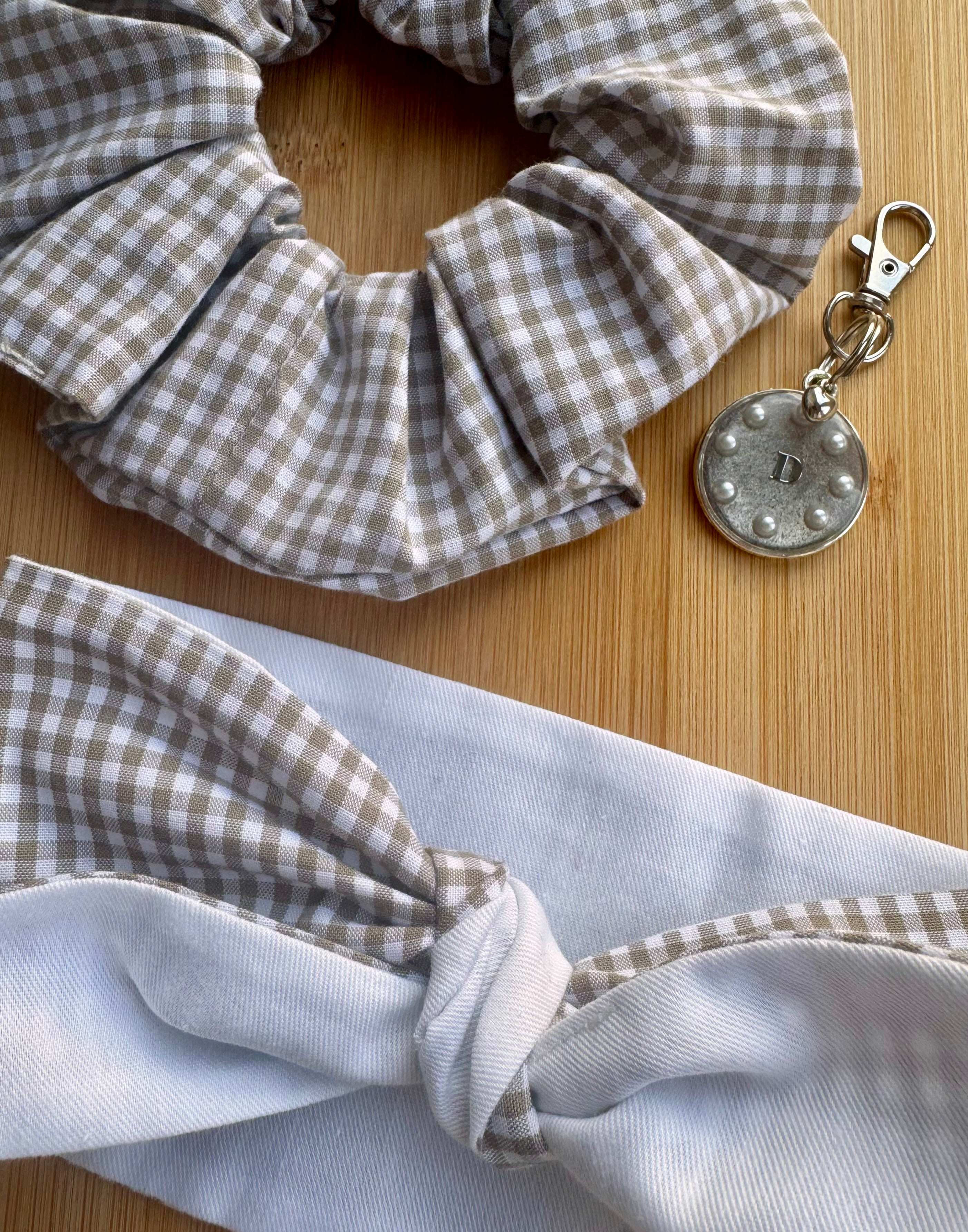 Pet Neck Tie & optional Matching hair Scrunchie and ID tag - Beige Gingham
