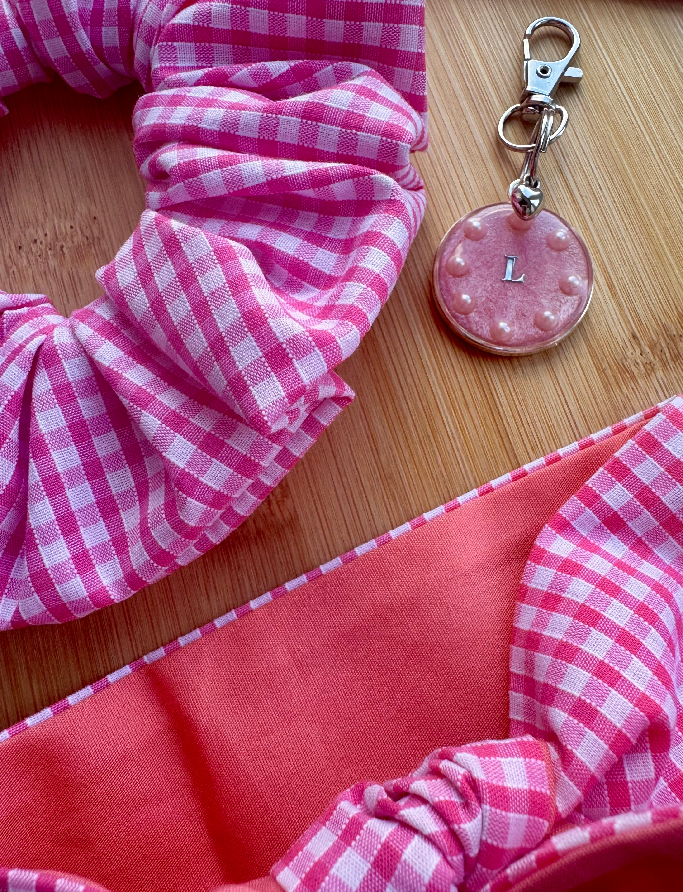 Pet Neck Tie & optional Matching hair Scrunchie and ID tag - Pink Gingham