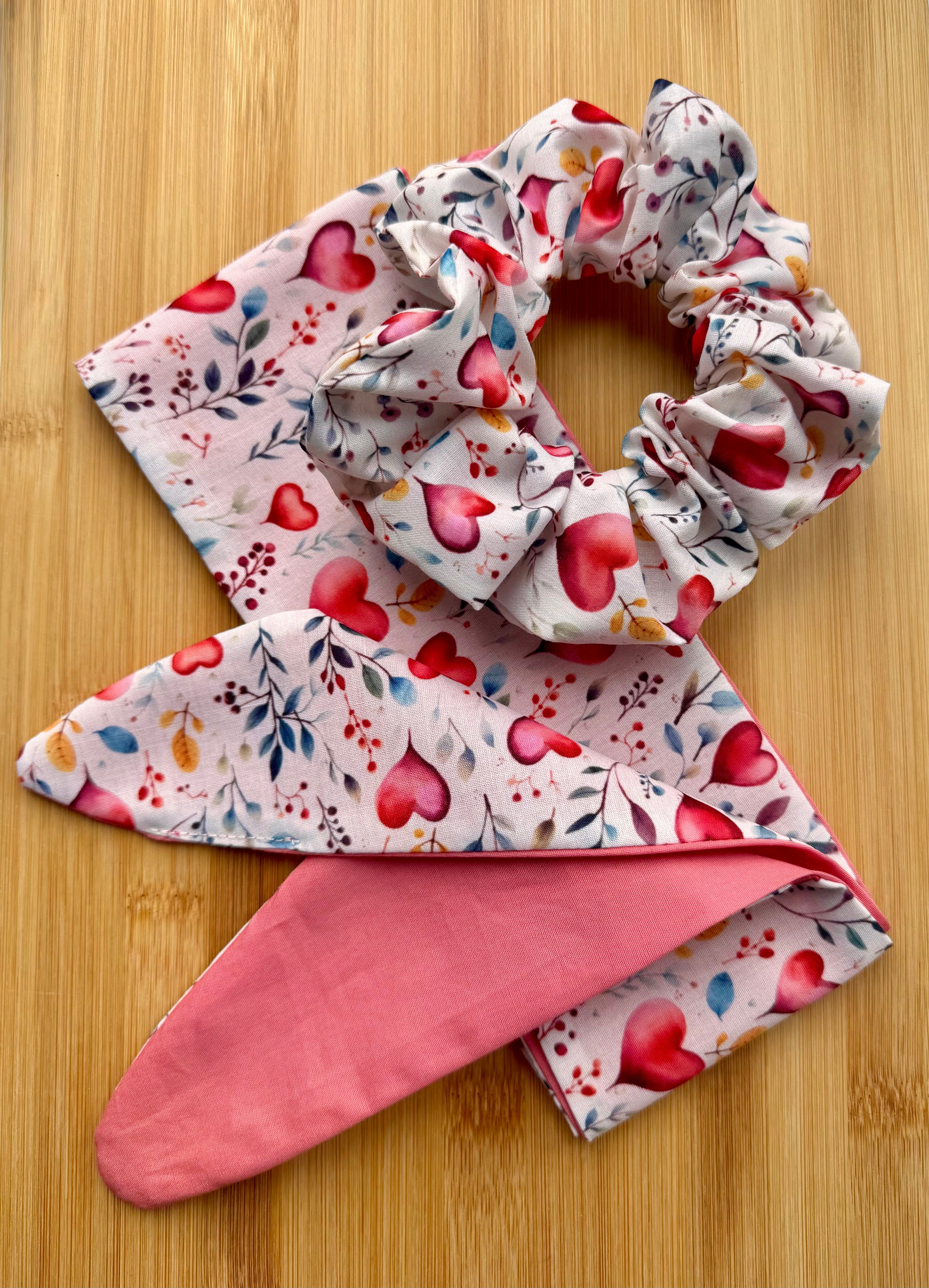 Pet Neck Tie & optional Matching hair Scrunchie - Hearts and flowers