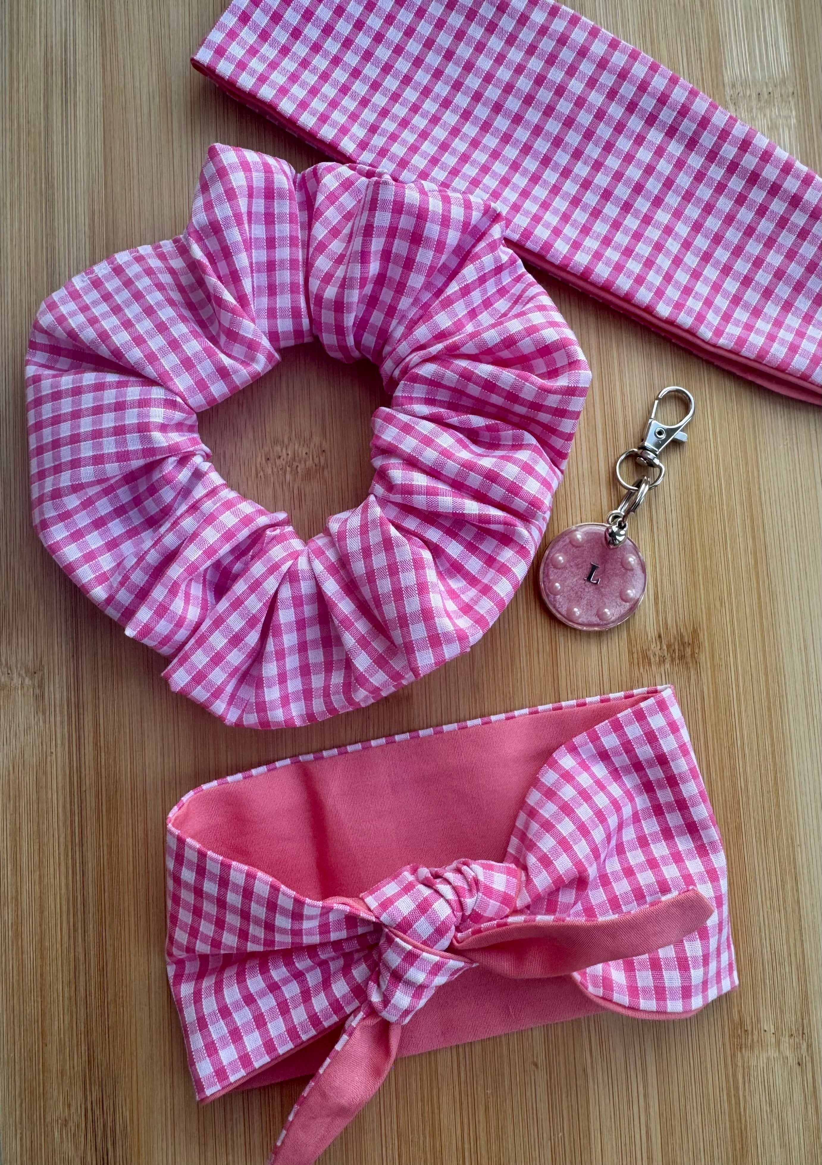 Pet Neck Tie & optional Matching hair Scrunchie and ID tag - Pink Gingham