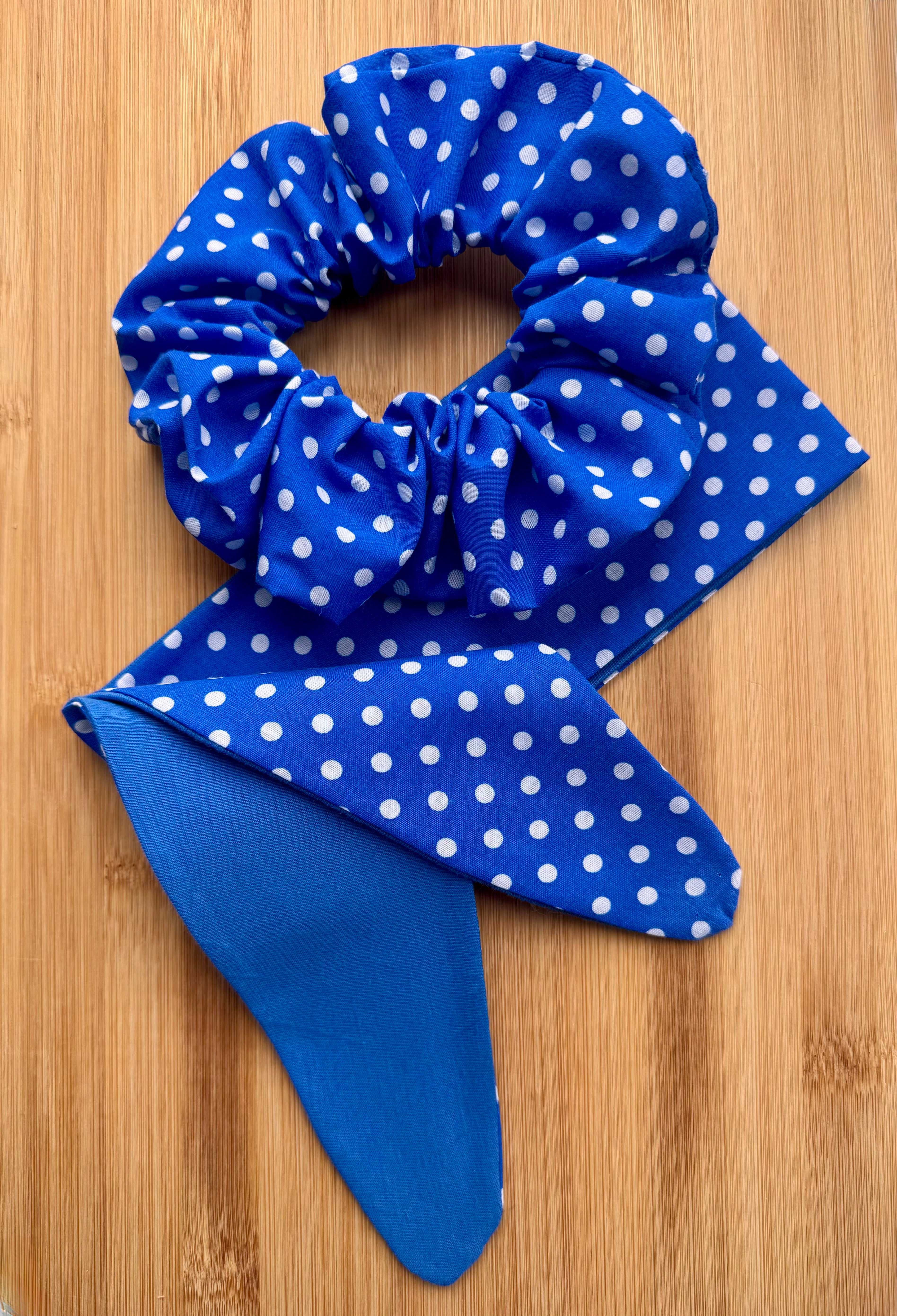 Pet Neck Tie & optional Matching hair Scrunchie - Blue Polka Dot