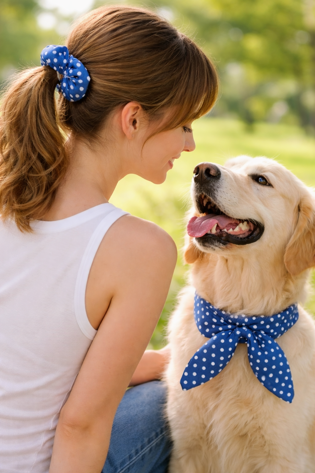 Pet Neck Tie & optional Matching hair Scrunchie - Blue Polka Dot