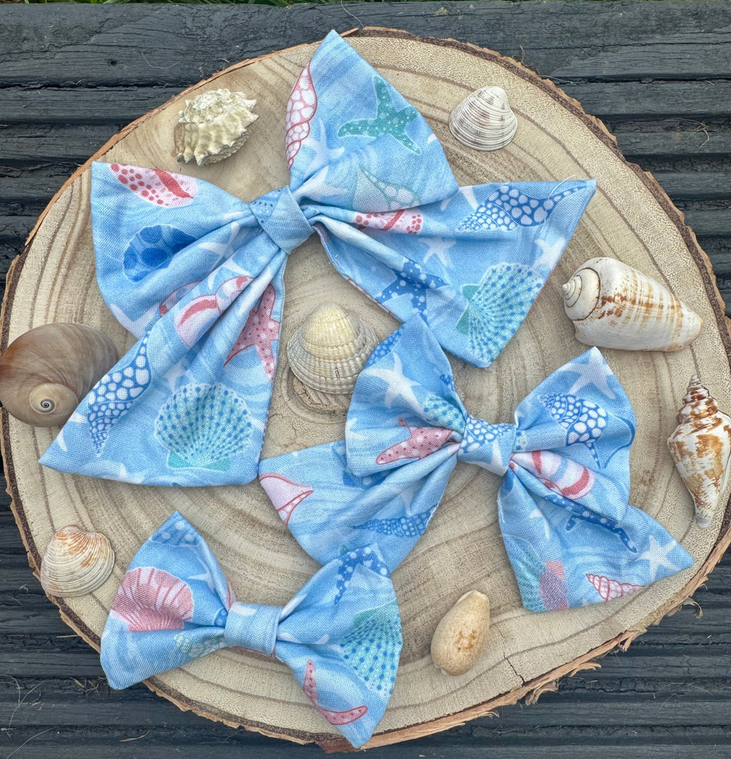 Handmade Dog or Cat Bow - Sailor Bow or Bow tie - Blue & Pink Shells