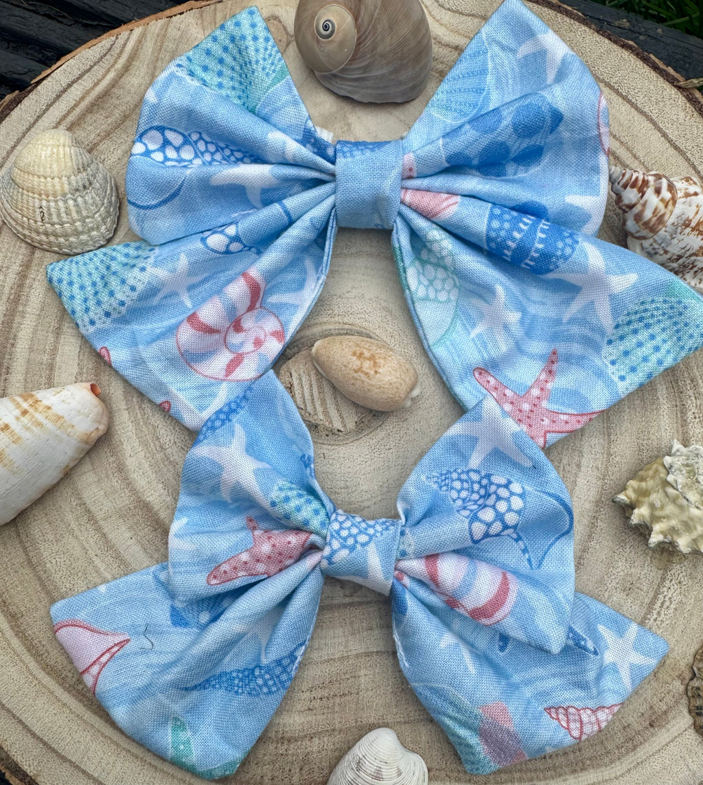 Handmade Dog or Cat Bow - Sailor Bow or Bow tie - Blue & Pink Shells